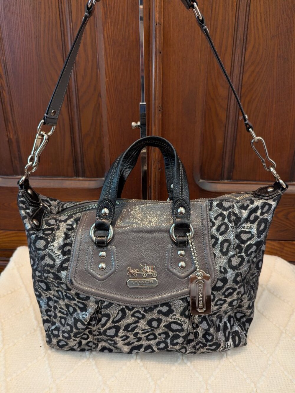 Coach Metallic Silver/Black Ocelot Leopard Madison Satchel 14289